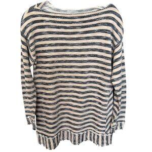 Soft Surroundings Cotton Knit Navy Tan Marina Striped Raw Edges Tunic Size PS